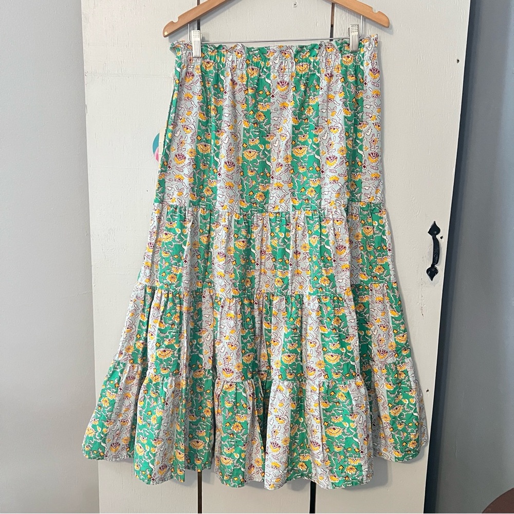 RHODE X Target Whimsical Green Yellow Floral Stripe Print Ruffled Midi Skirt M